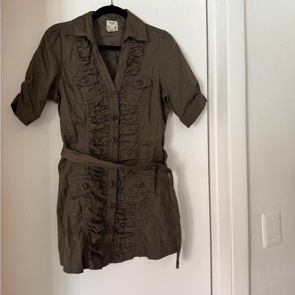 Green Cuffed Sleeve Notched Collar Mini Dress